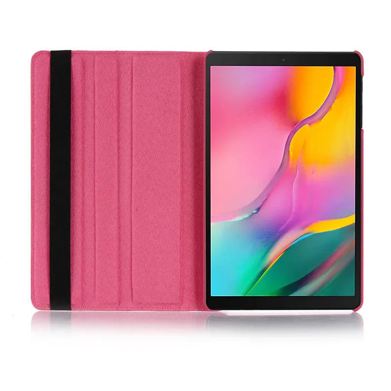 iPad rotating protective sleeve in imitation leather clamshell design showing rotation function and solid colour options