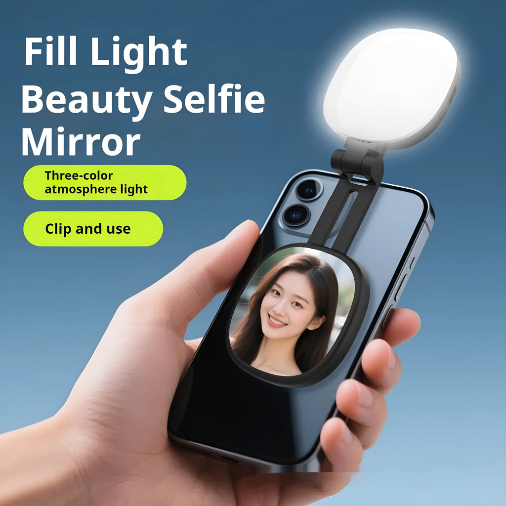 Handheld mobile phone selfie fill light with magnetic mount showing black and white colour options