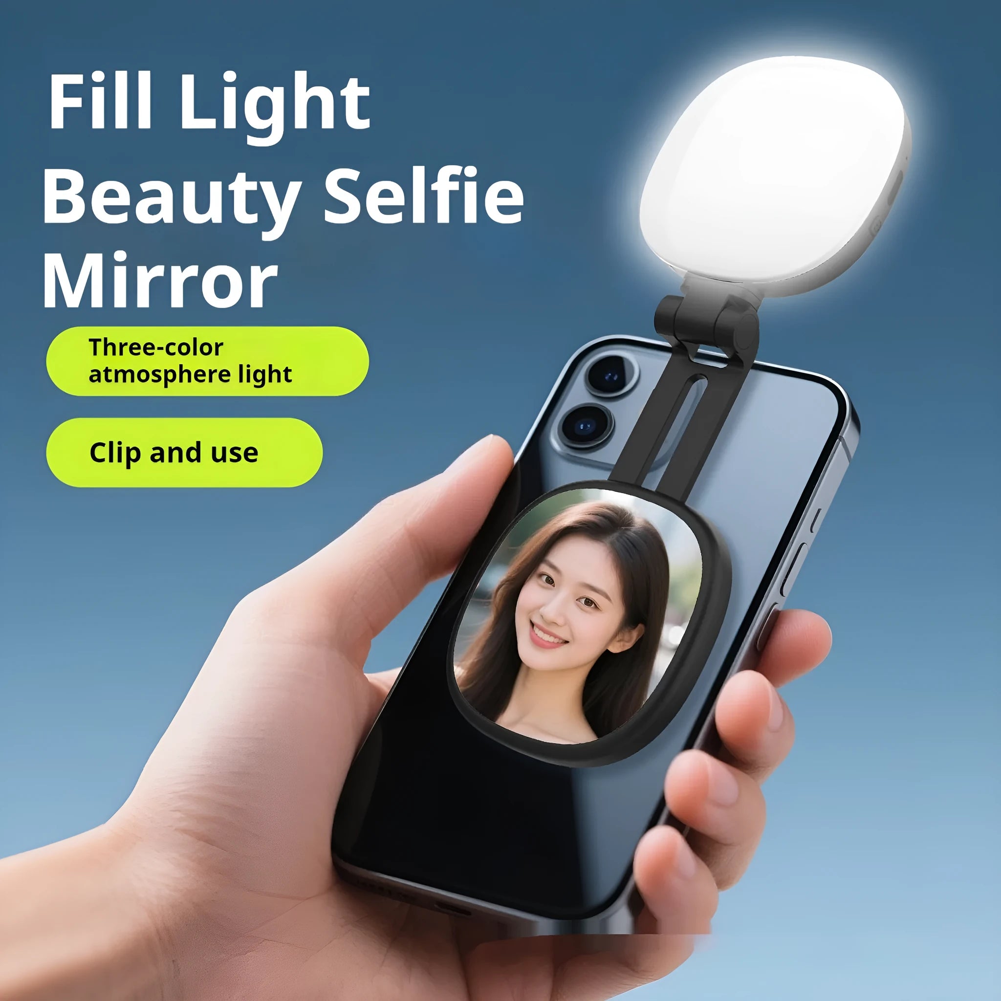 Handheld mobile phone selfie fill light with magnetic mount showing black and white colour options