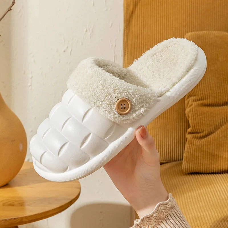 Plaid detachable EVA slippers for women with plush lining and a non-slip sole, shown in pink colour.