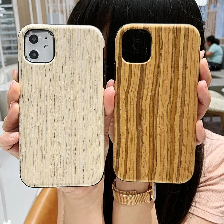 Wooden iPhone case showing rosewood, teak, and walnut finish options on compatible iPhone models