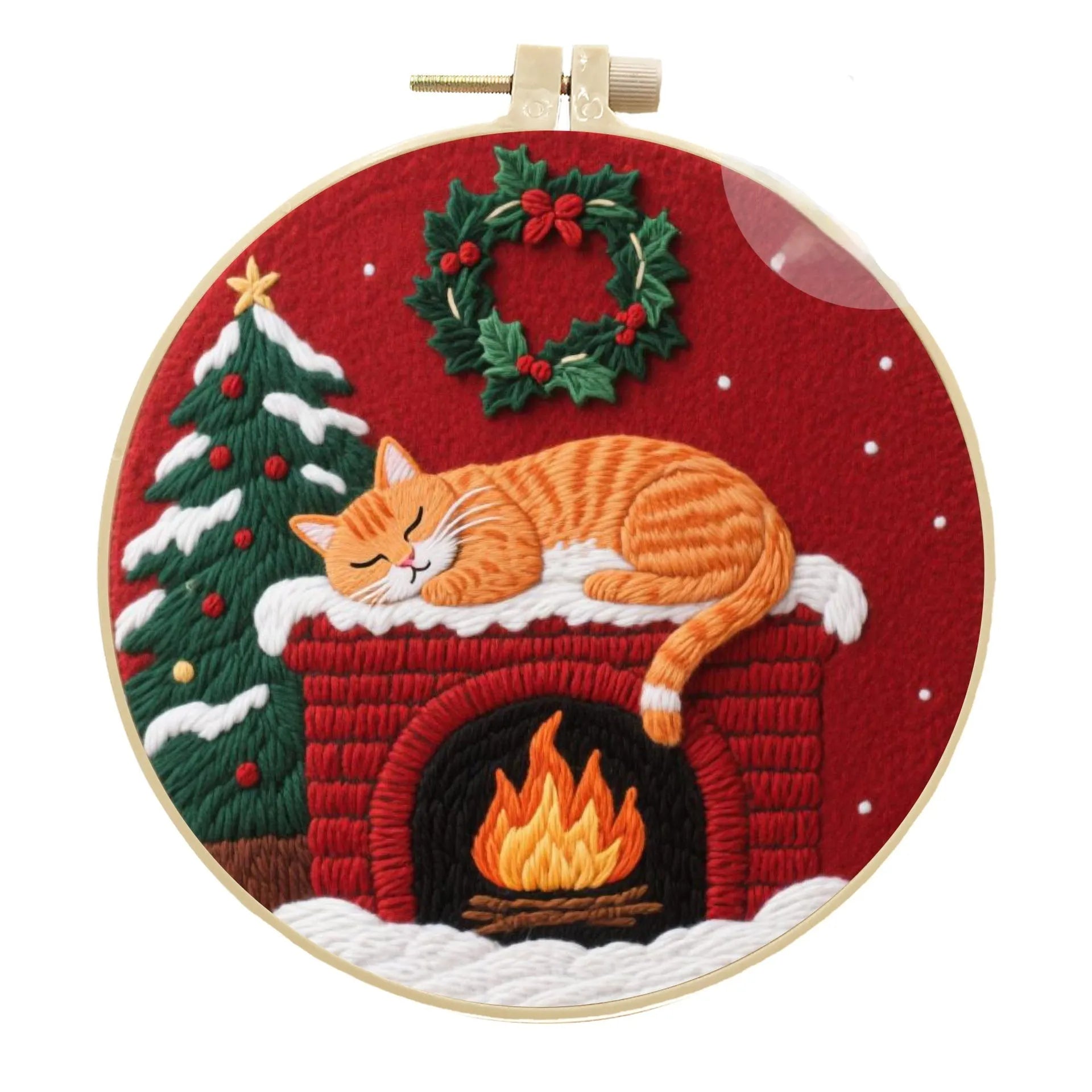 Cat embroidery DIY material kit with cotton linen fabric, 20cm bamboo hoop, and scissors on a table.