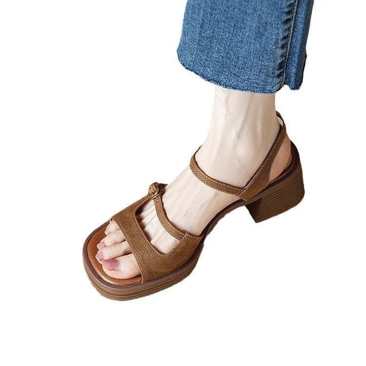 Open toe square toe platform sandals for women with PU upper and rubber sole in beige colour