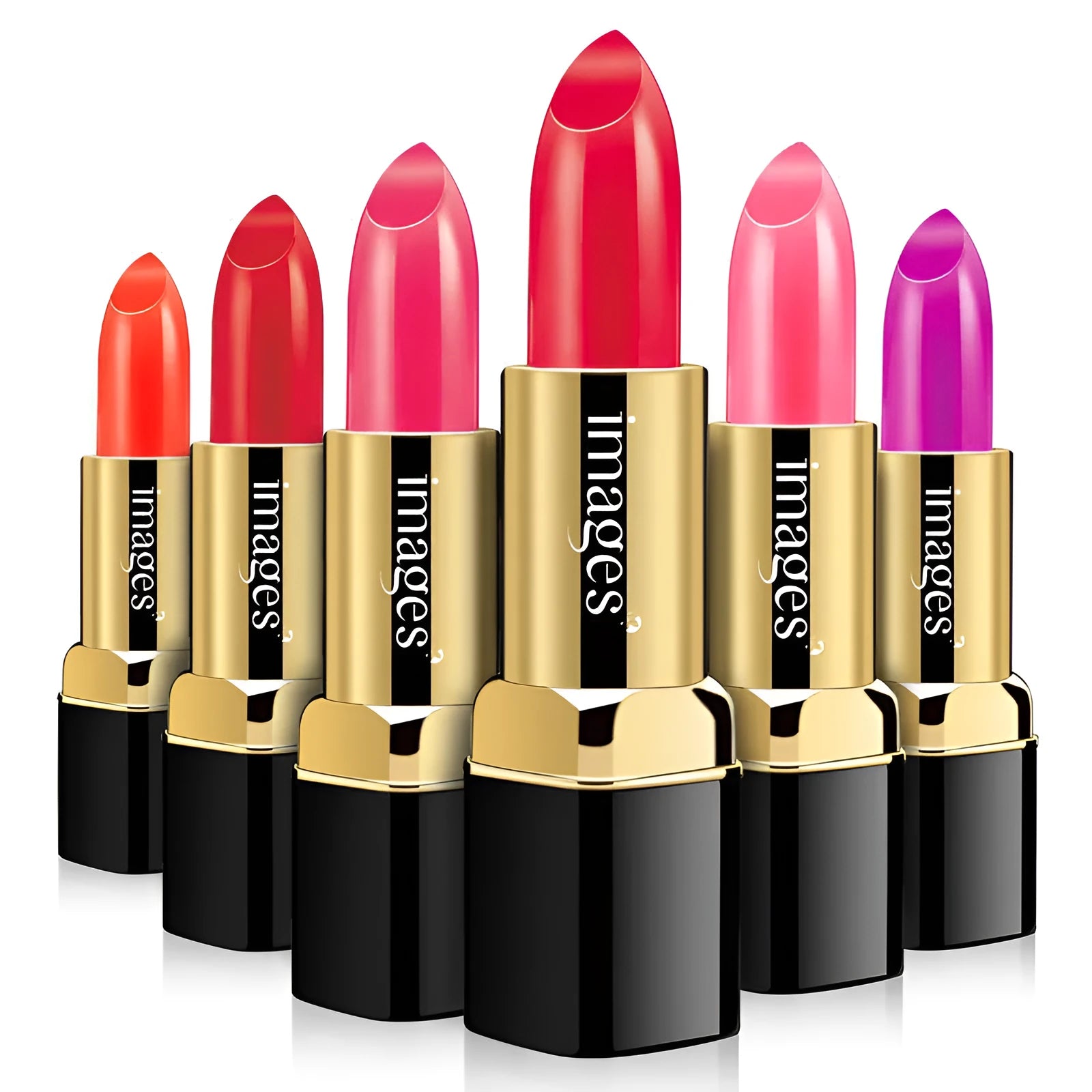 Moisturising lipstick lip gloss in a compact case, shown in coral red and other colours from the 10-shade range.