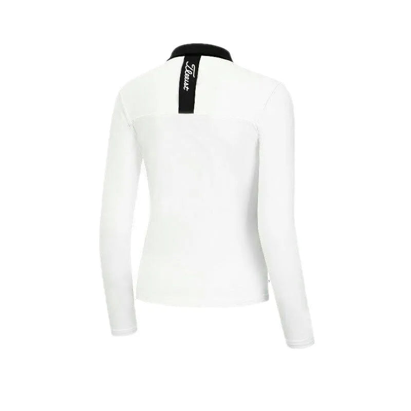 Women's white long sleeve polyester golf top with slim fit design for outdoor sports