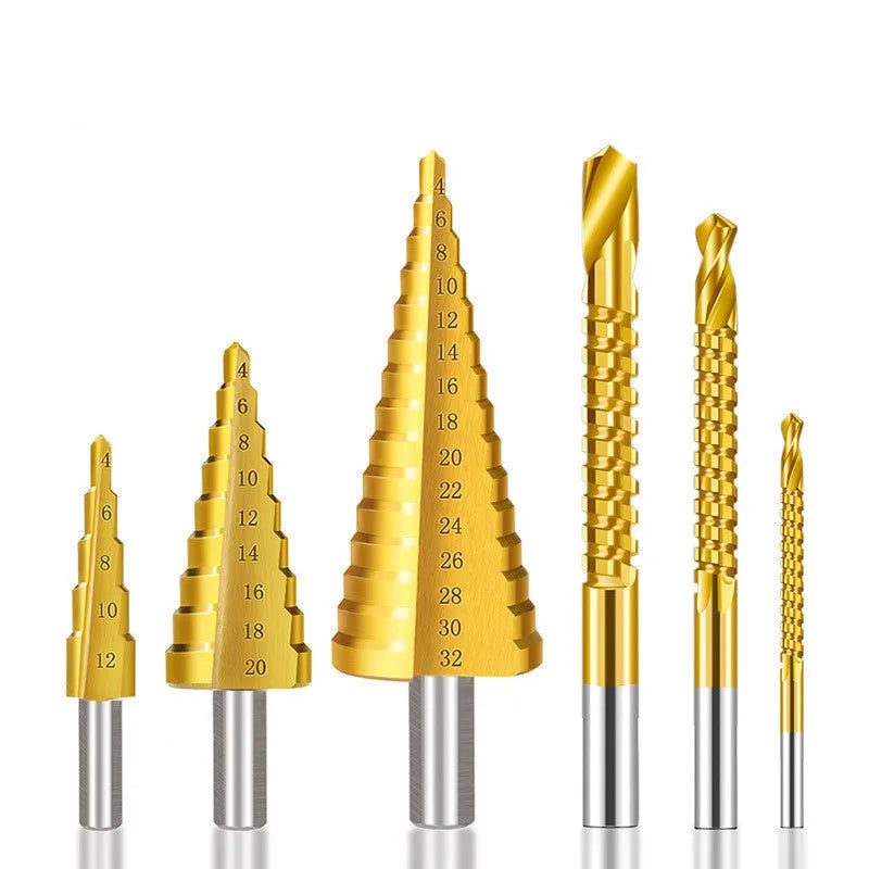 High-speed steel step drill bits and centre punch set for metalworking with diameter ranges from 3mm to 32mm