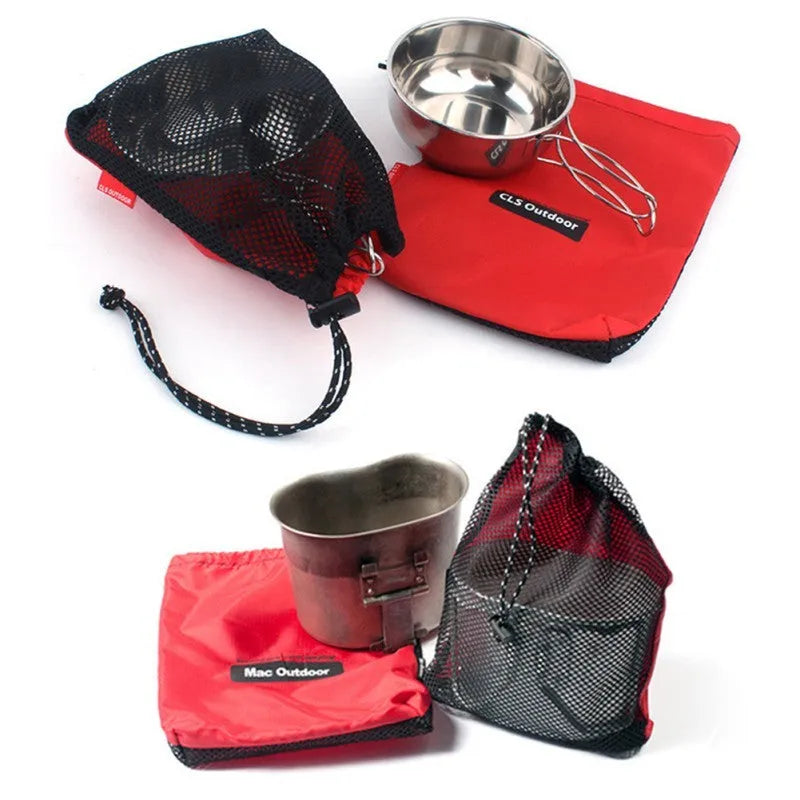 Set of five red outdoor travel storage bags made from Oxford cloth and mesh.