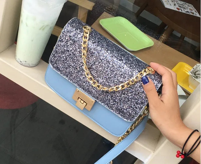 Women's small square sequined PU leather shoulder bag with lock closure, pink colour, 22x16x9cm
