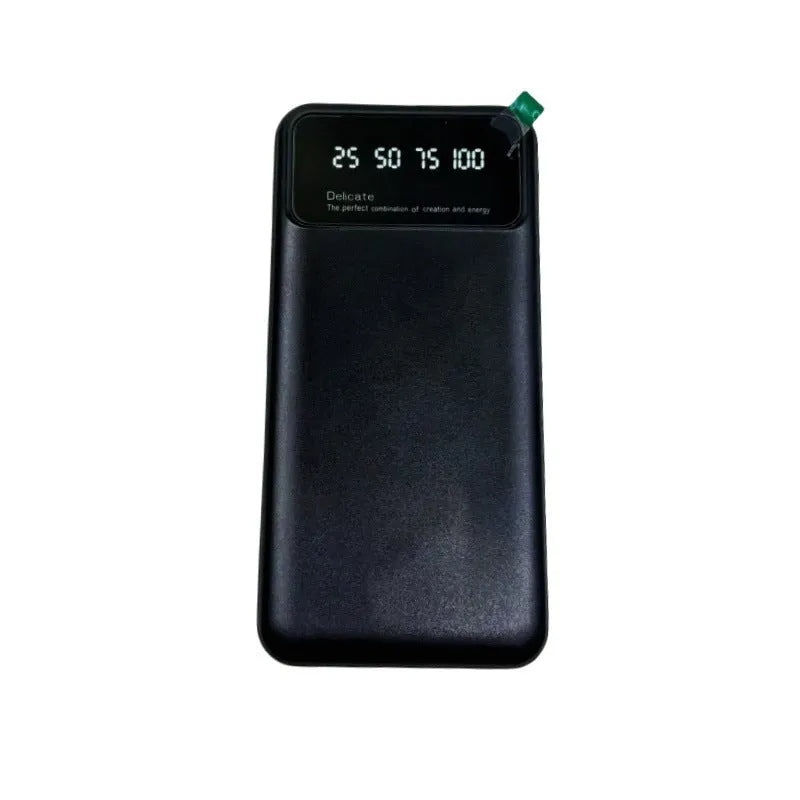 Black ultra-thin 10000mAh power bank with plastic shell on a white background