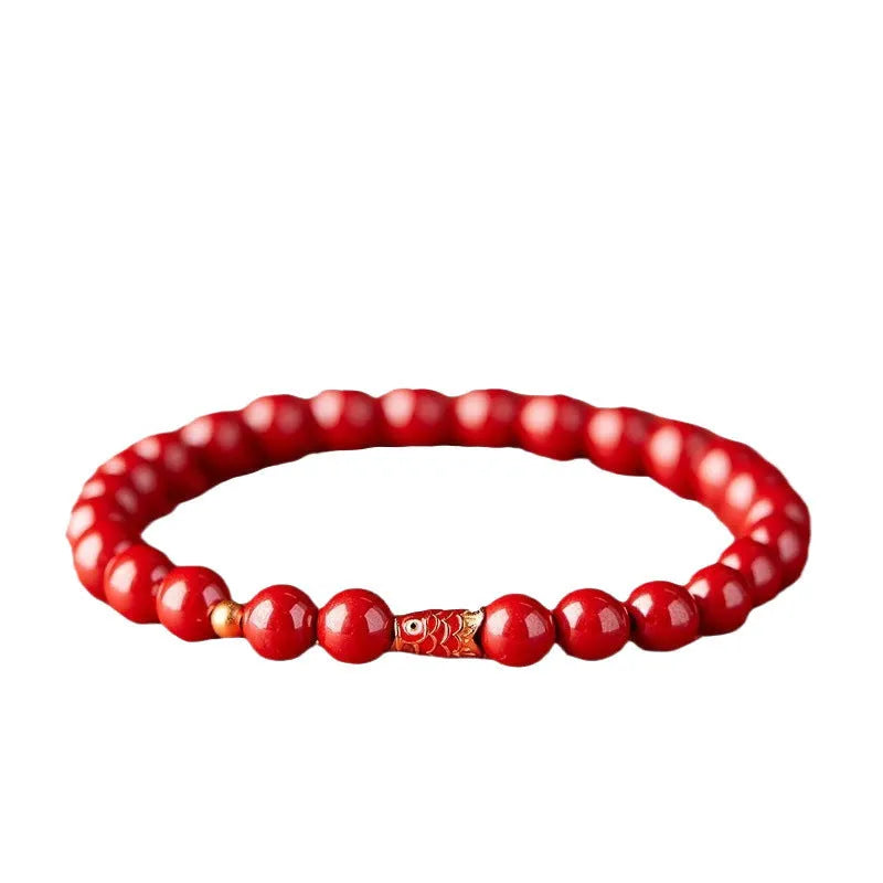 Natural raw ore cinnabar koi bracelet with gold ball, 4mm or 6mm bead size, national style, handmade