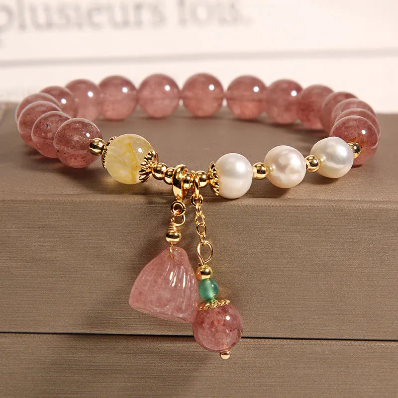 Multi-layer natural pearl and strawberry quartz crystal bracelet with jinsi jade gourd pendant for women