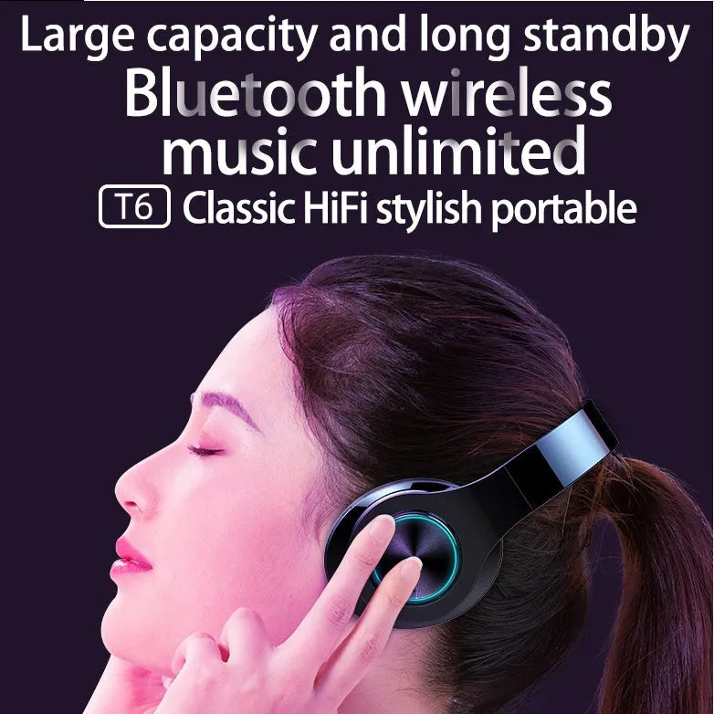 T6 wireless bluetooth headset showing earpiece and charging port
