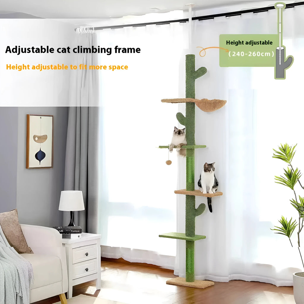 Solid wood cat climbing frame with integrated scratch board and hanging cat toy