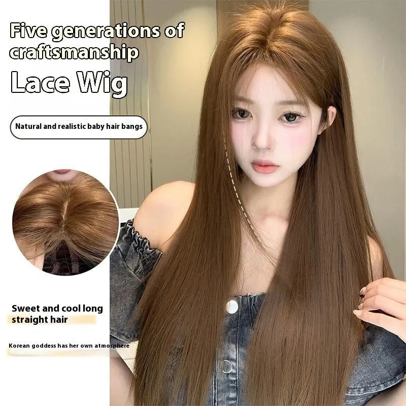 Warm brown long straight lace wig with centre-parted bangs for women on a wig stand