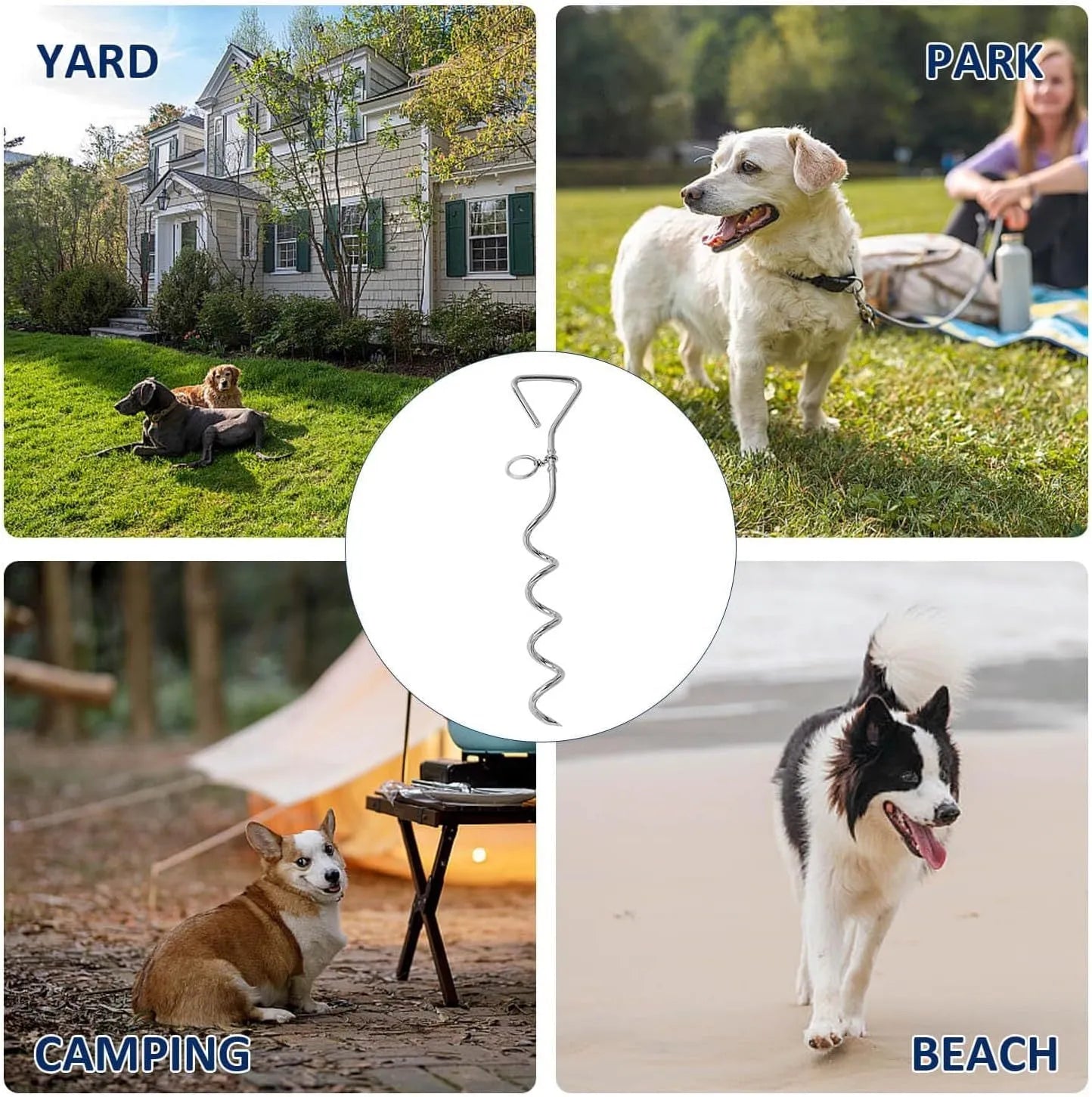 Silver spiral dog tie out stake made of solid steel for outdoor tethering in sandy soil