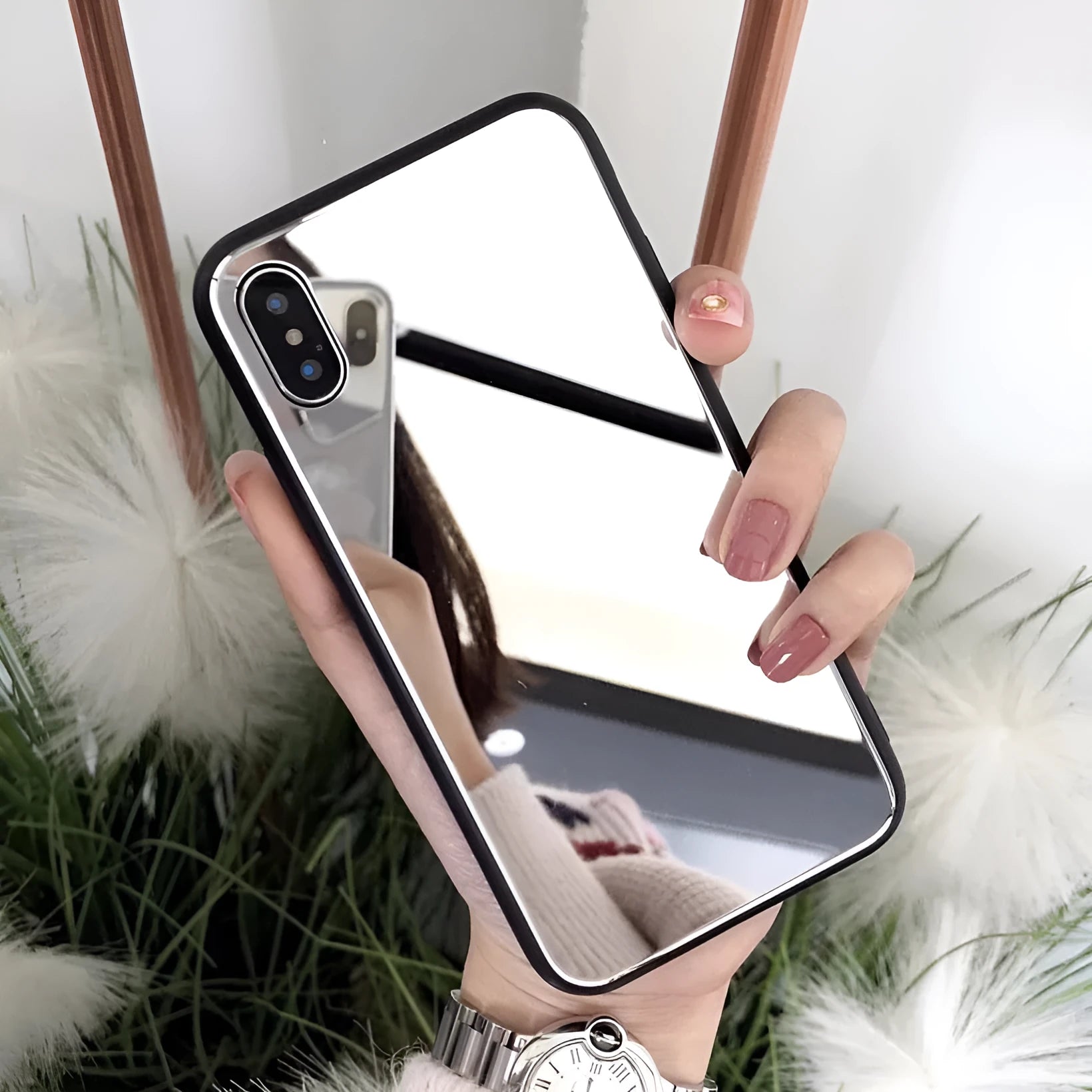 Black mirror iPhone case for iPhone X and iPhone 7/8 Plus models with TPU and PC construction