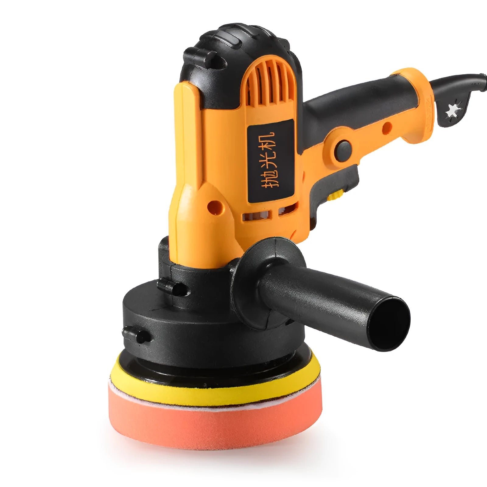 Yellow automotive polishing machine with 125mm disc on a workbench.