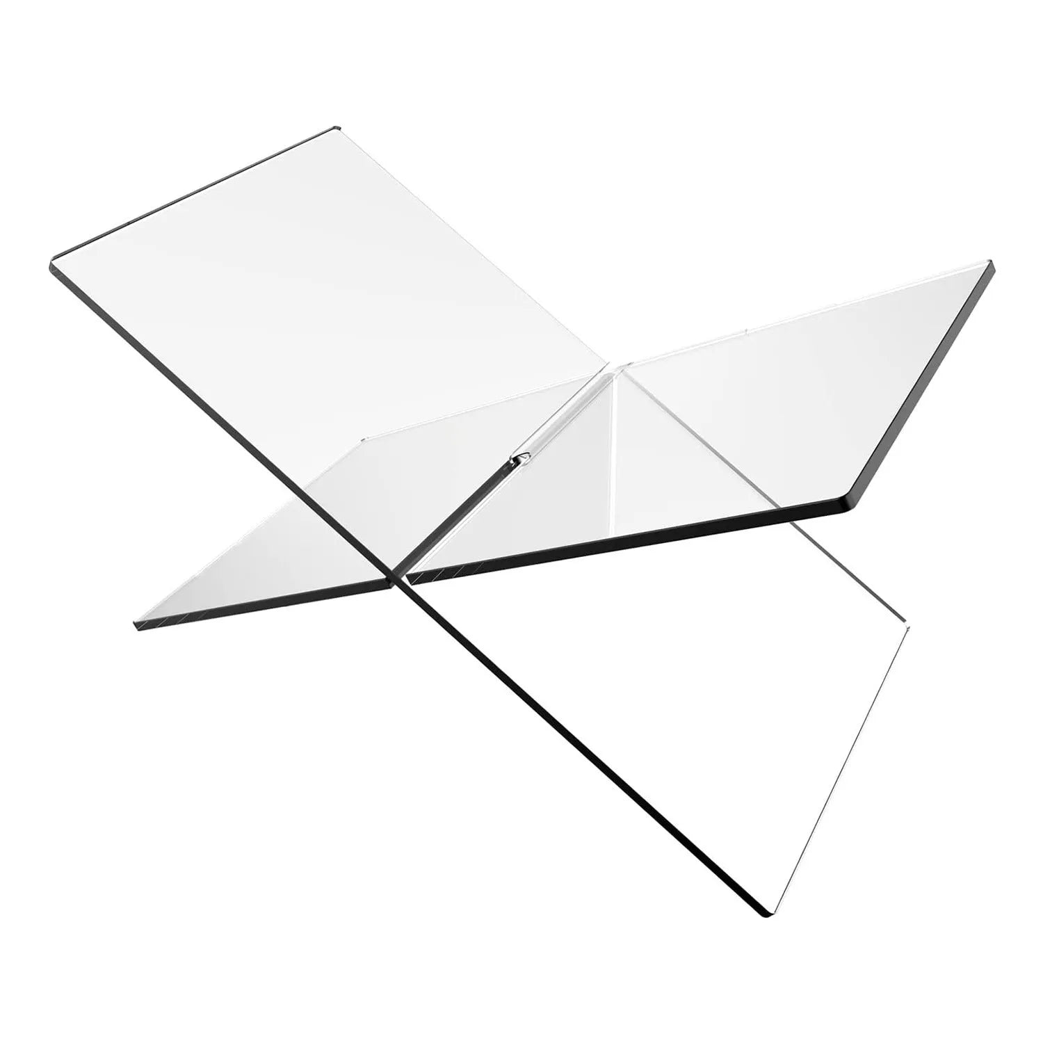 Clear acrylic X-shaped desktop book display rack holding multiple books at angle