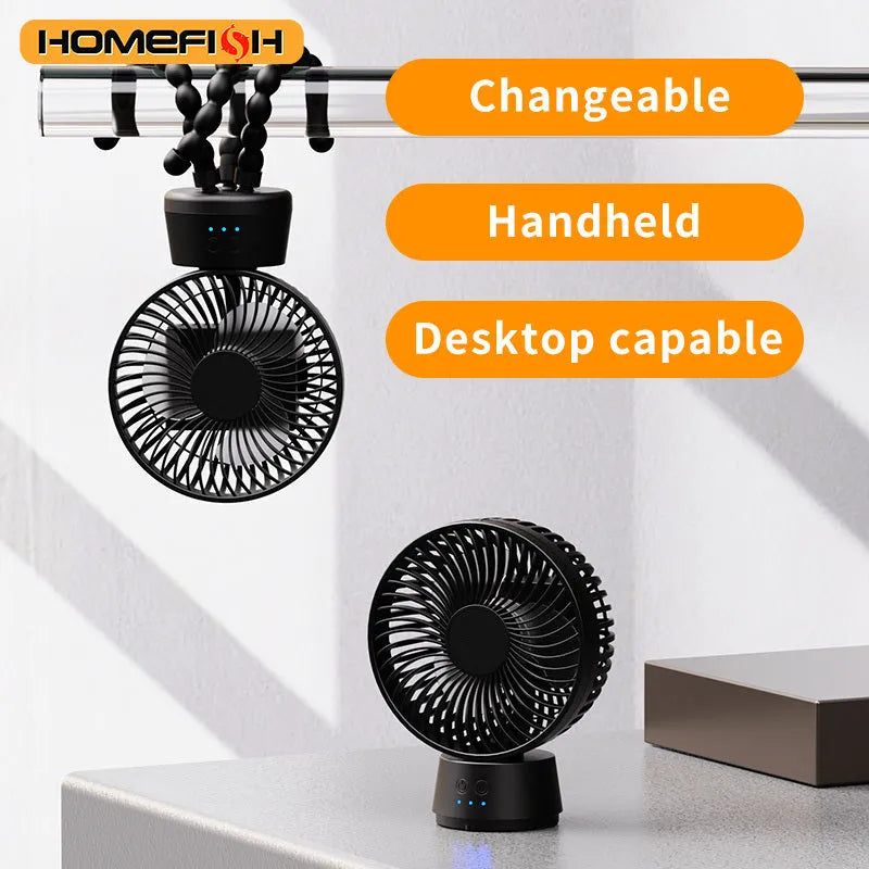 HOMEFISH F2 handheld fan with automatic shake head, LED light, mounted on a removable bracket.