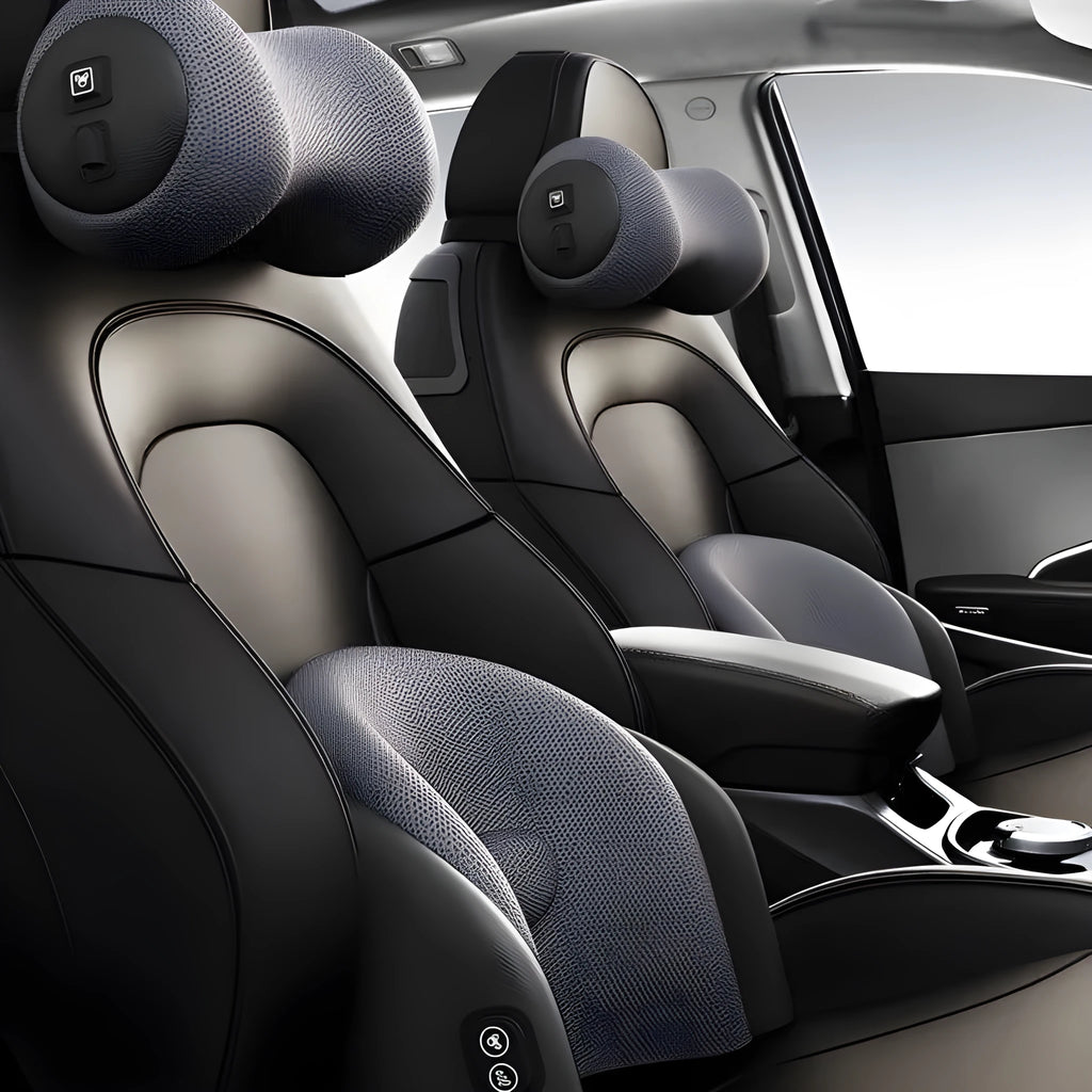 Memory foam car seat massage cushion in black, brown, or grey for lumbar or headrest support.