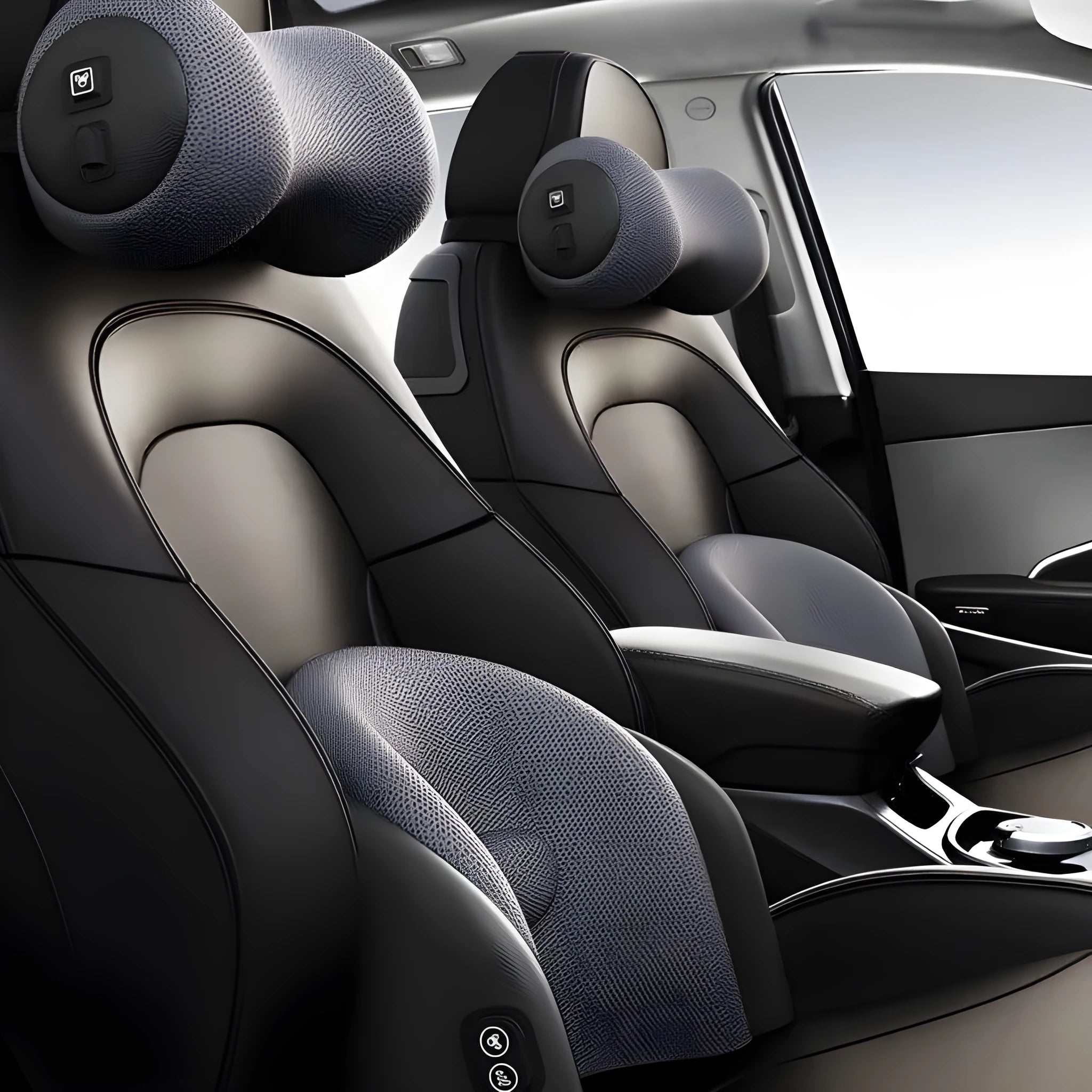 Memory foam car seat massage cushion in black, brown, or grey for lumbar or headrest support.