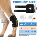 Black polyester dog leg guard for ACL tear and joint dislocation protection, shown with protective cover.