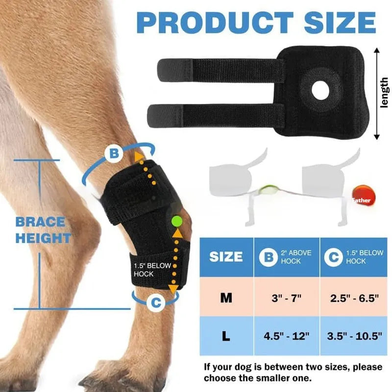 Black polyester dog leg guard for ACL tear and joint dislocation protection, shown with protective cover.