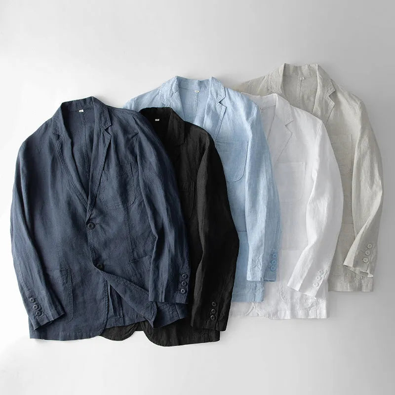 Men's linen suit jacket solid colour casual long sleeve loose fit jacket in sky blue