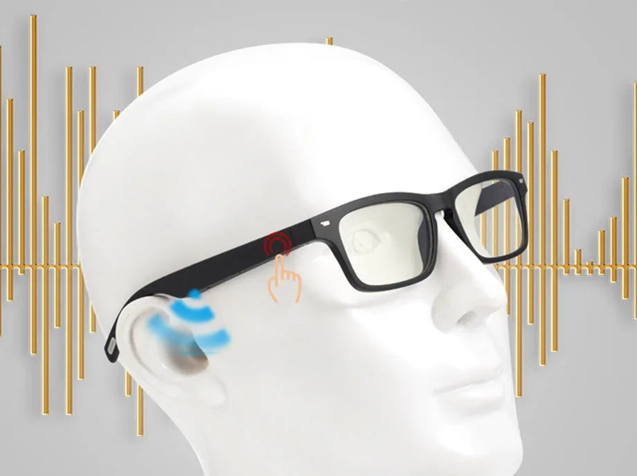 Smart glasses with tinted lenses and open-ear Bluetooth speakers on the temples.