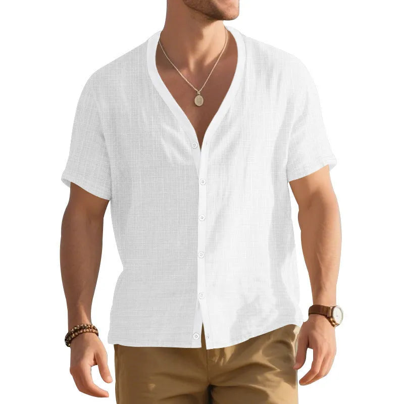 Men's imitation linen bamboo short-sleeved Henley shirt in solid colour, loose casual fit, short sleeves, summer top