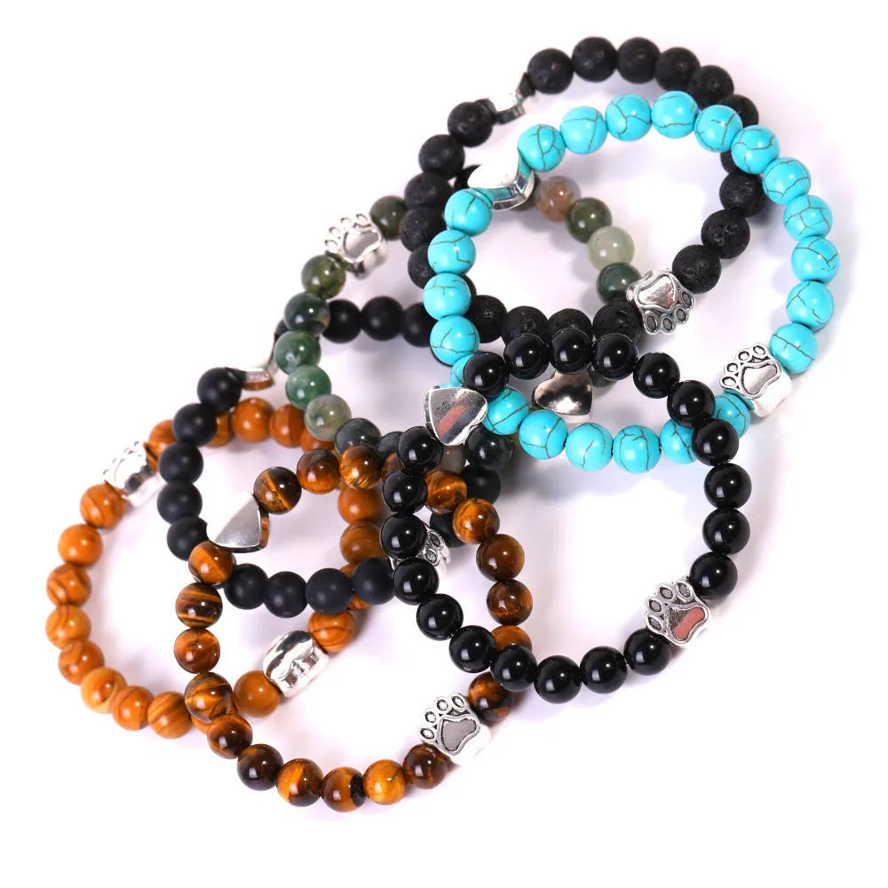 Tigereye stone bracelet with geometric dog's paw charm and heart charm in beaded construction