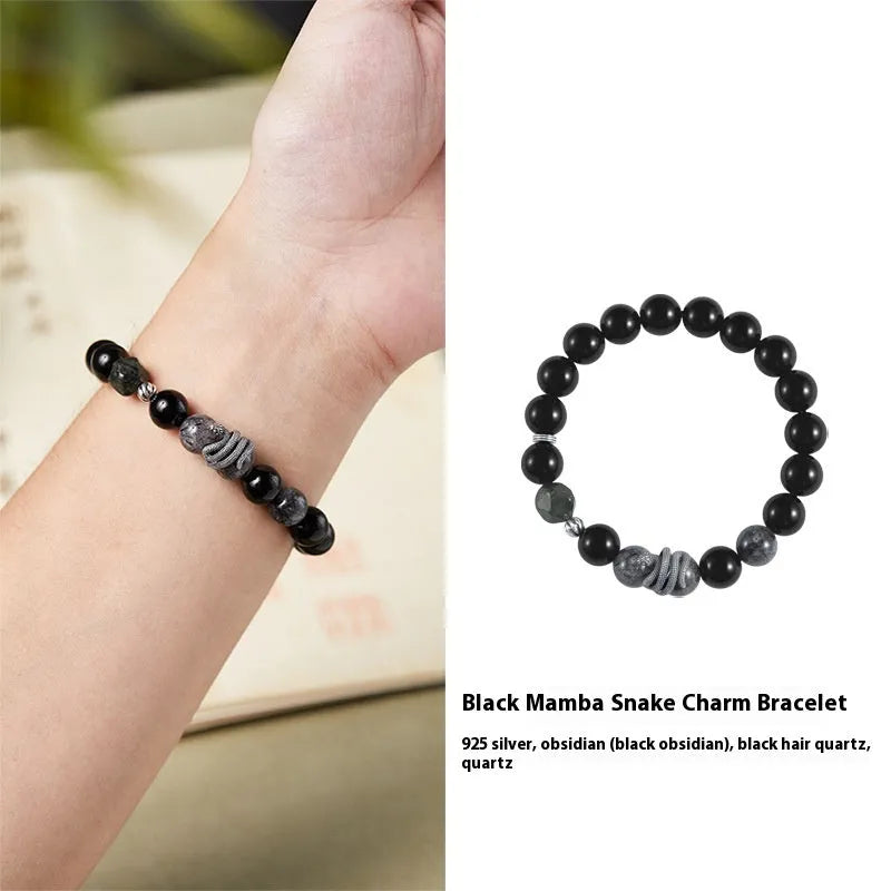 Men's S925 sterling silver snake zodiac bracelet with black obsidian charm on wrist