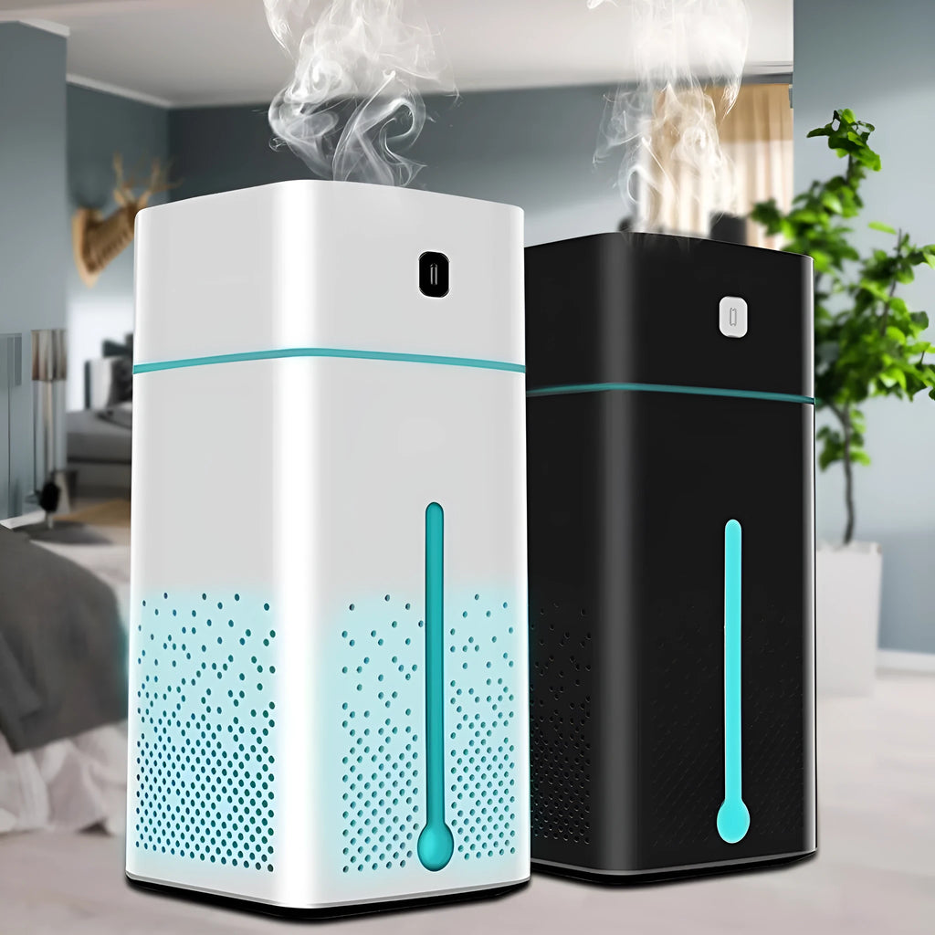 Black or white desktop humidifier measuring 103mm wide by 218mm tall with 1000ml capacity