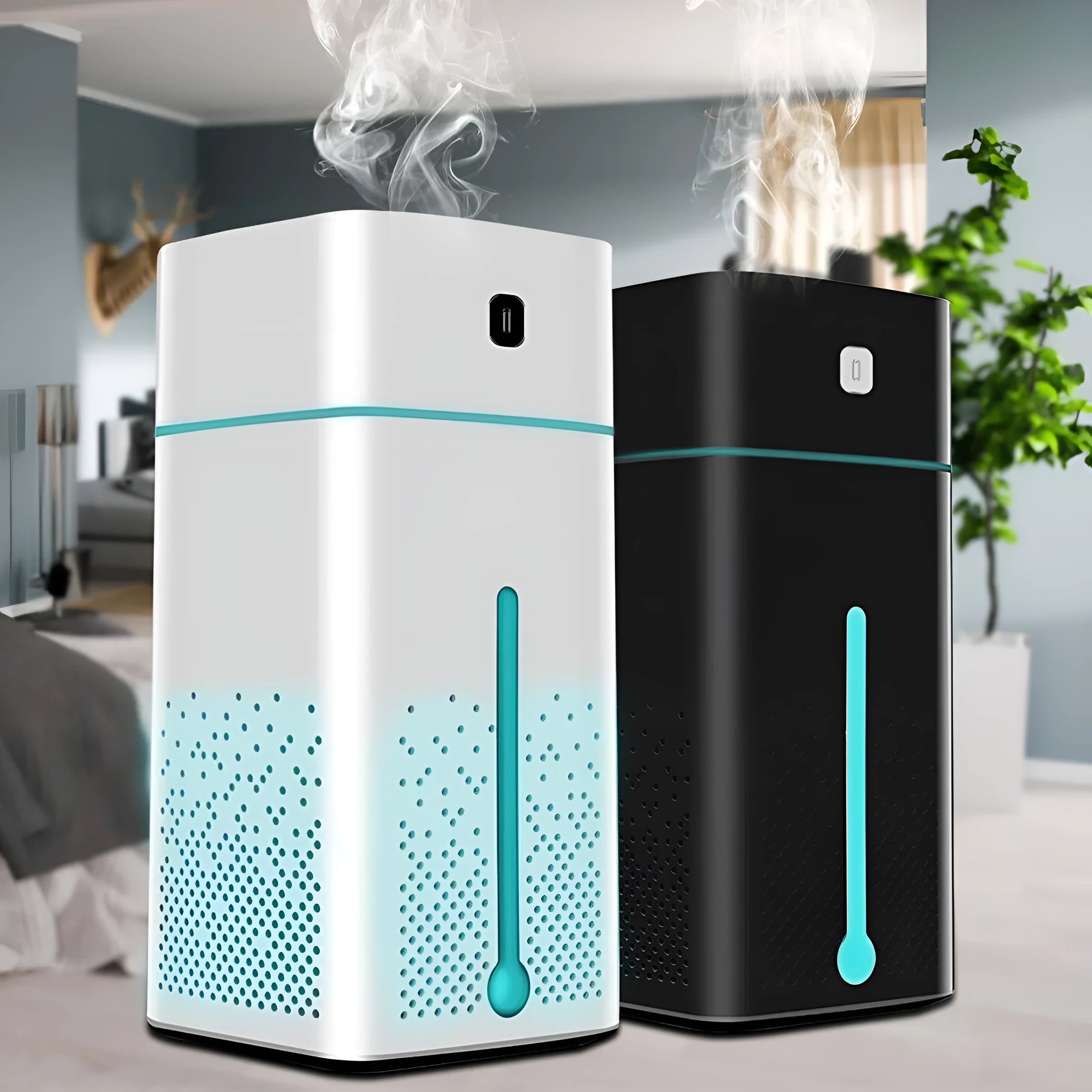 Black or white desktop humidifier measuring 103mm wide by 218mm tall with 1000ml capacity