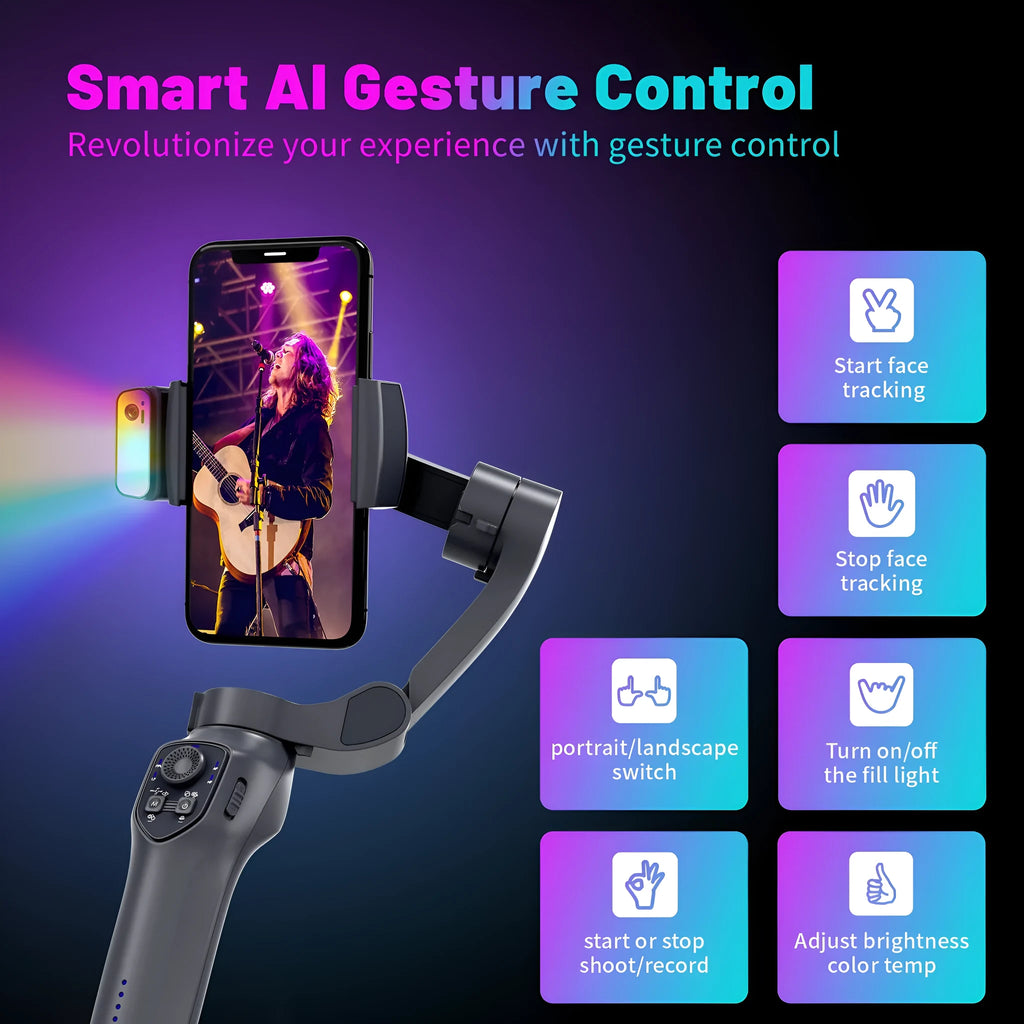 RK series foldable handheld smartphone video stabiliser in L7Cpro gun colour on a table.
