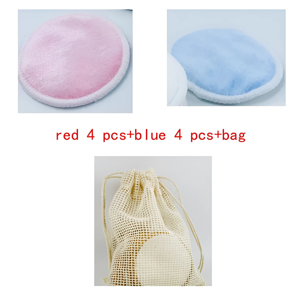 Set of pink and blue velvet makeup remover pads next to an organic cotton drawstring mesh bag.