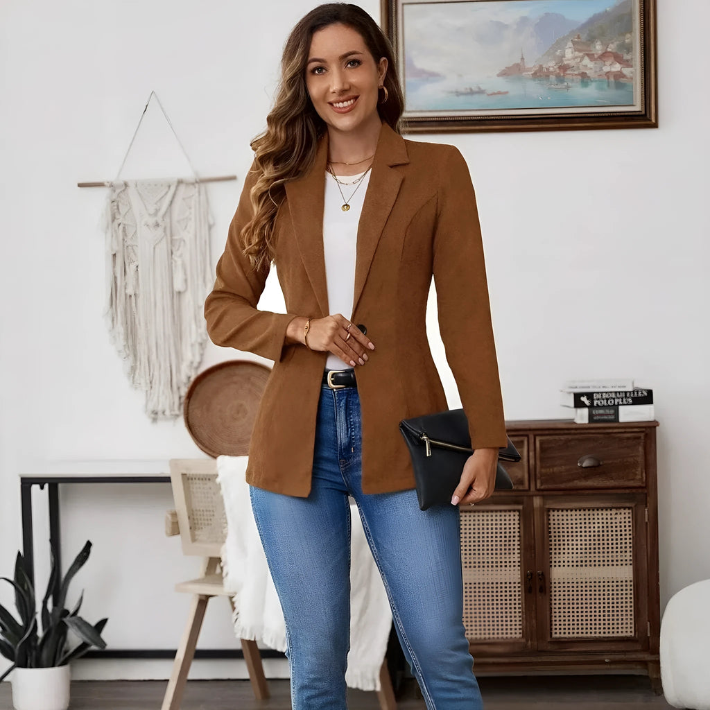Brown men's lapel single-breasted coat with long sleeves shown in multiple size options