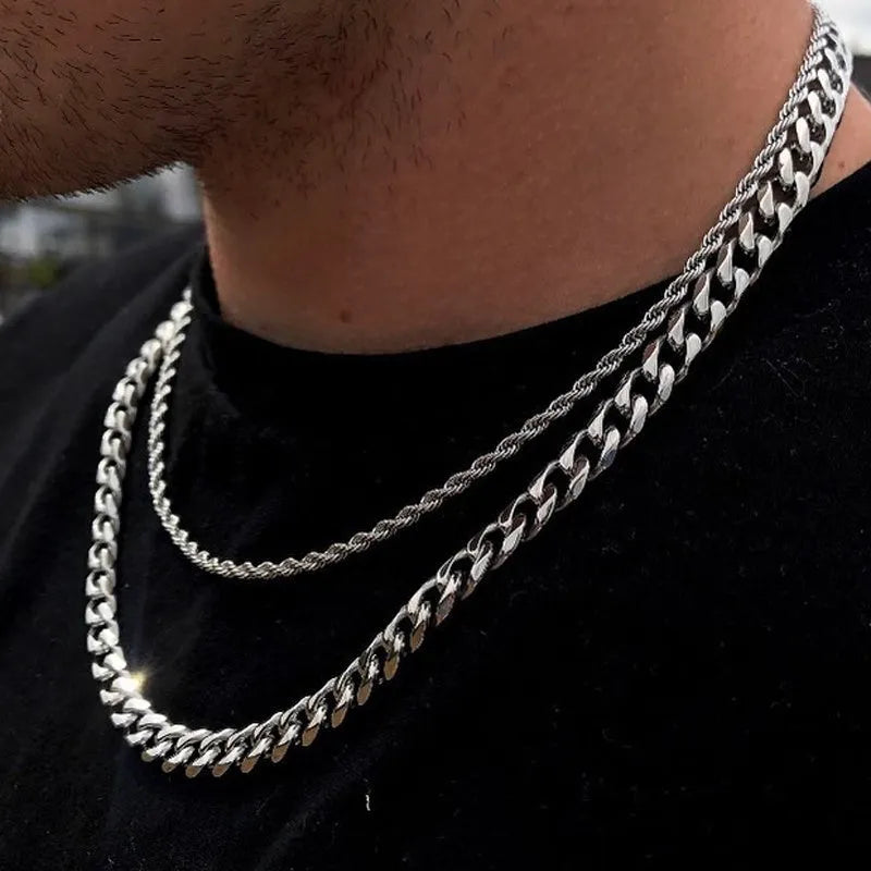 Men's stainless steel cube rope chain necklace in silver finish on a neutral background, 18-24 inch lengths available