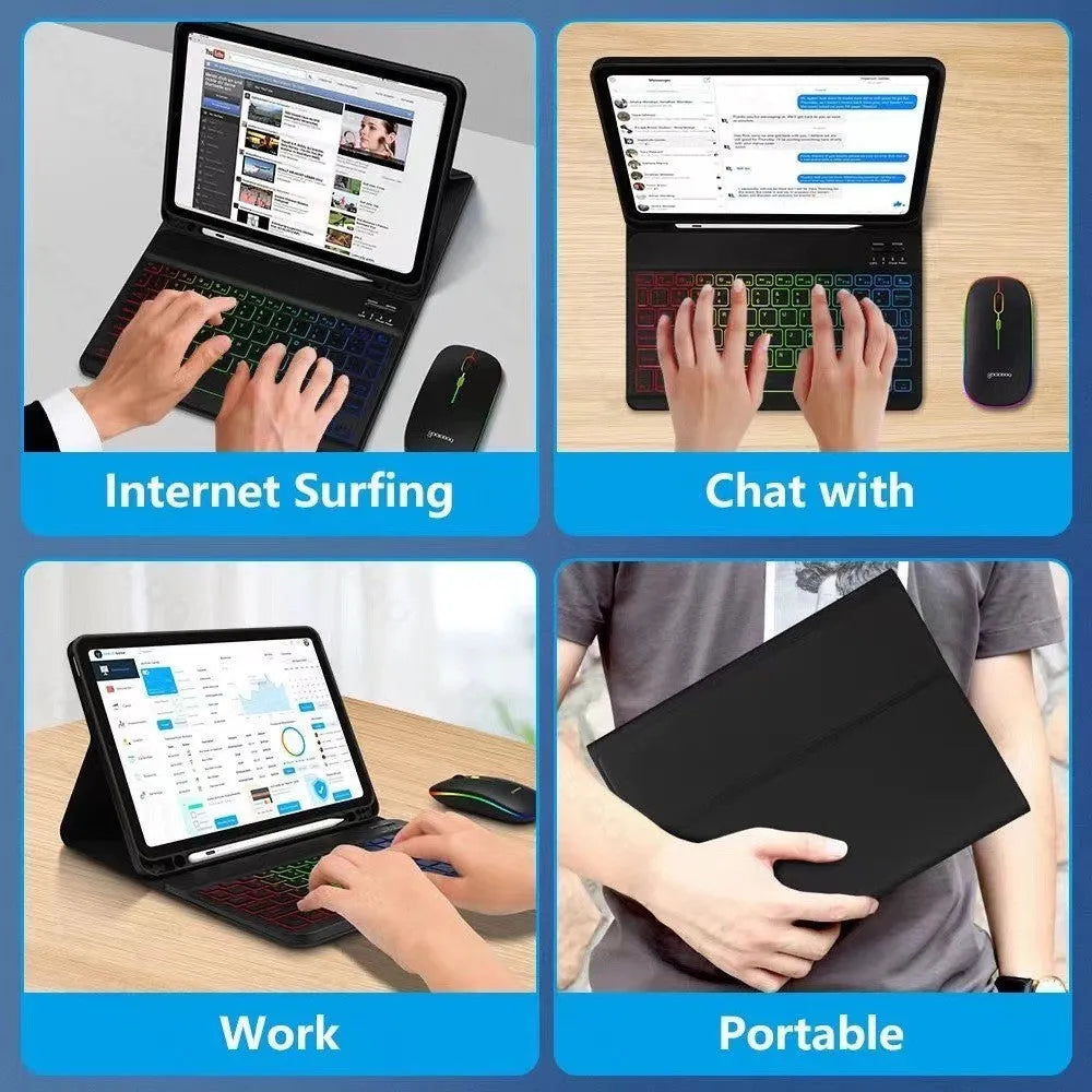 iPad protective case with luminous Bluetooth keyboard and leather sheath in black, featuring RGB three-color backlighting