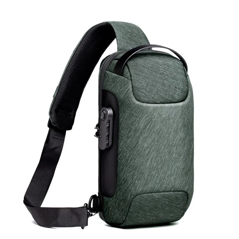 Men's waterproof Oxford crossbody shoulder bag with USB port showing internal compartments and anti-theft features