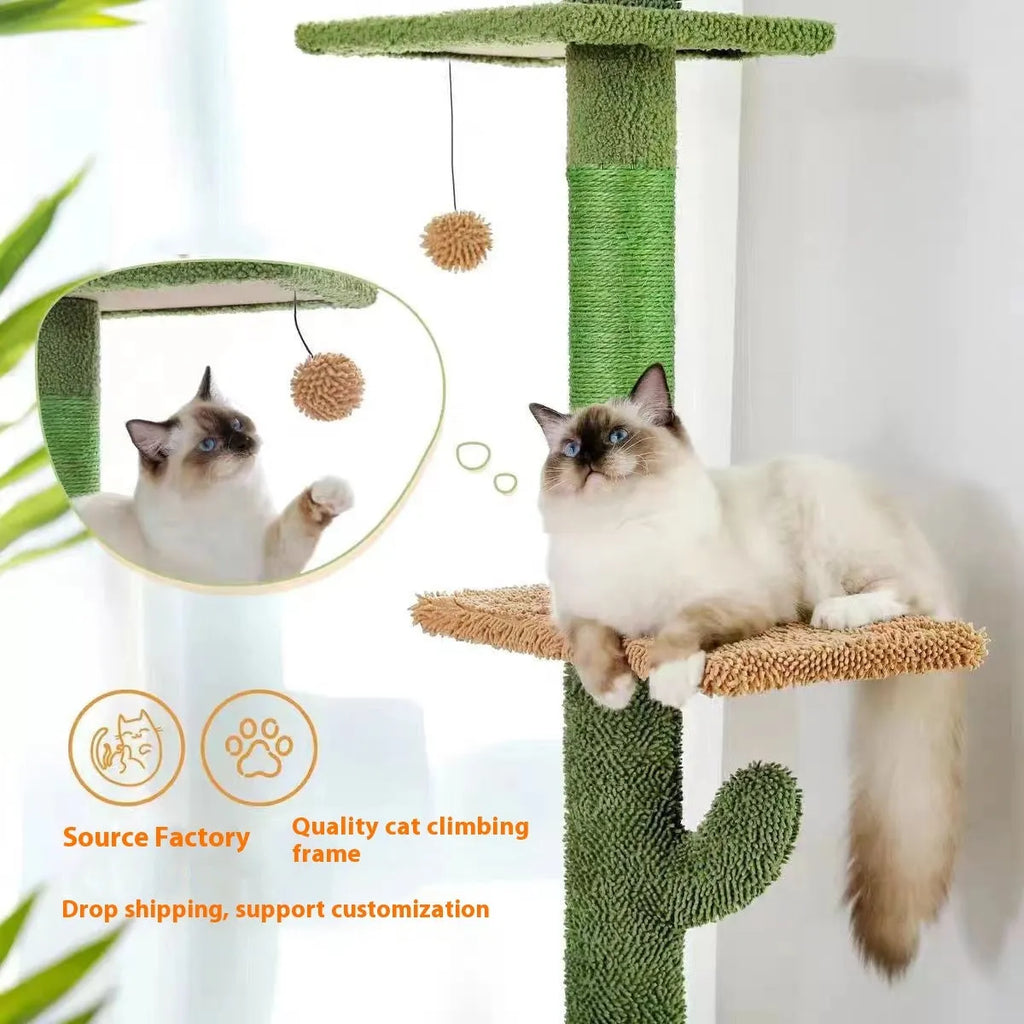 Solid wood cat climbing frame with integrated scratch board and hanging cat toy