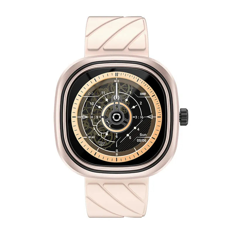 Square pink Bluetooth smartwatch with silicone strap and colour touchscreen on a wrist.