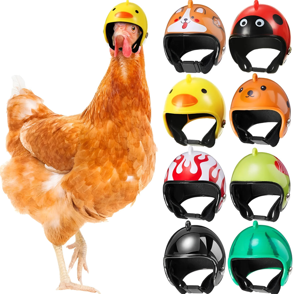 Adjustable hard plastic chicken helmet with sponge lining, elastic bands, and colourful options for small birds and poultry.