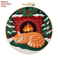 Cat embroidery DIY material kit with cotton linen fabric, 20cm bamboo hoop, and scissors on a table.