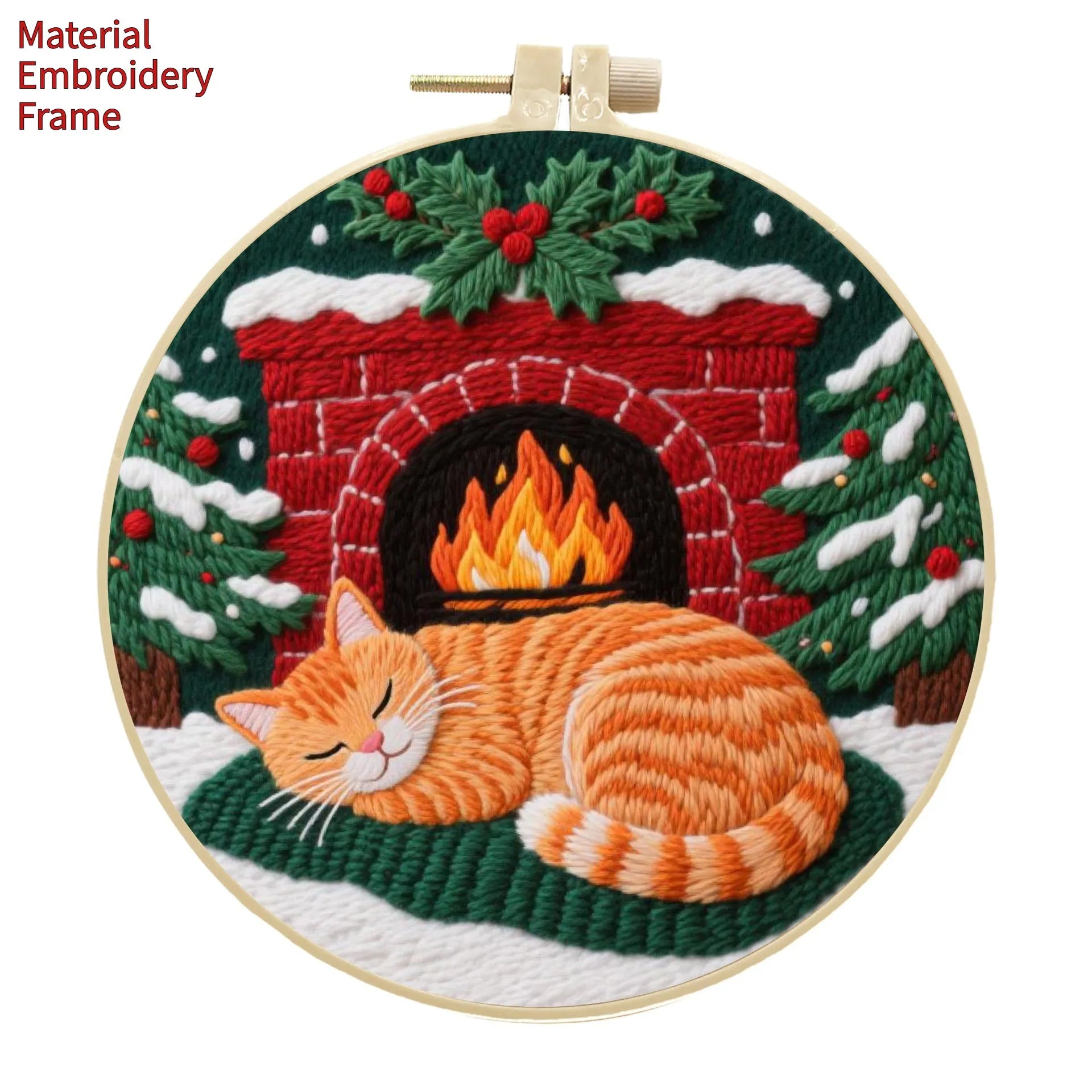 Cat embroidery DIY material kit with cotton linen fabric, 20cm bamboo hoop, and scissors on a table.