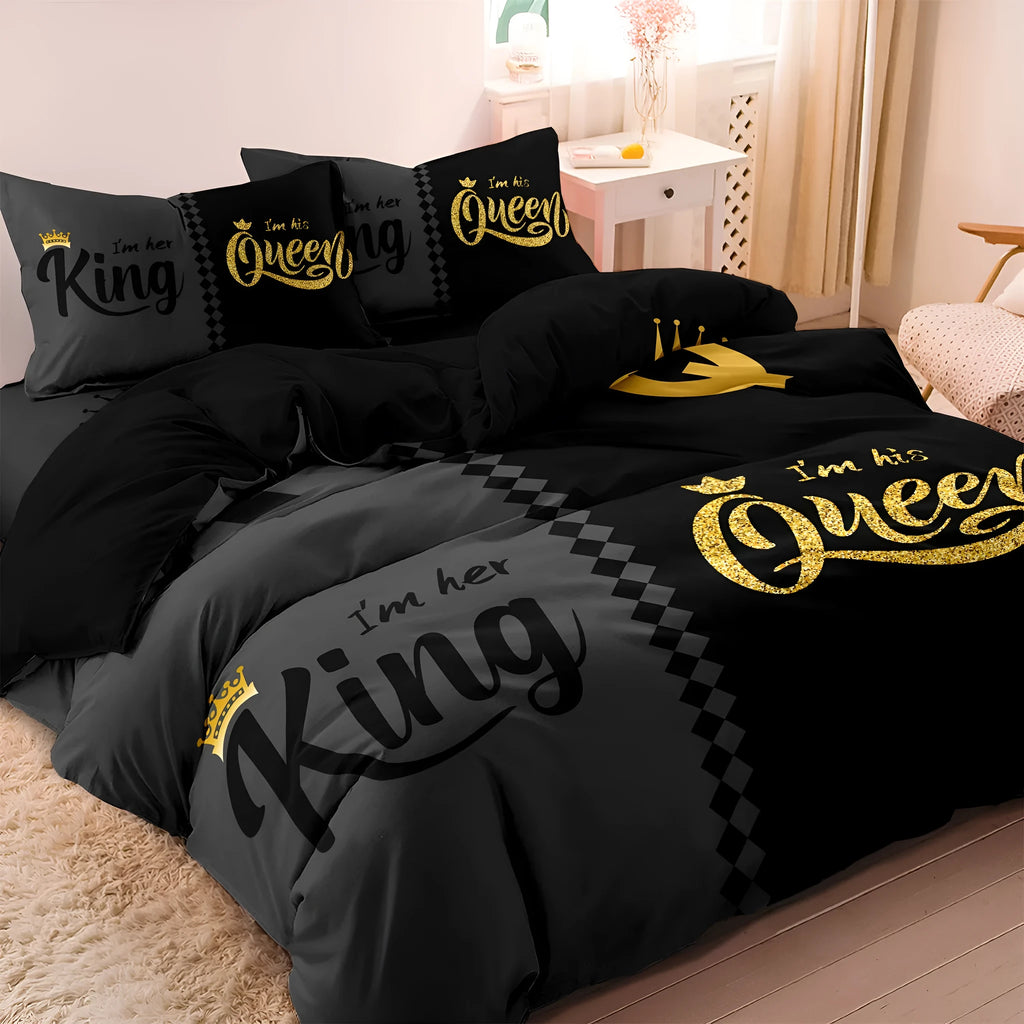 Three Piece Crown English digital printed quilt cover set in light gray on bed