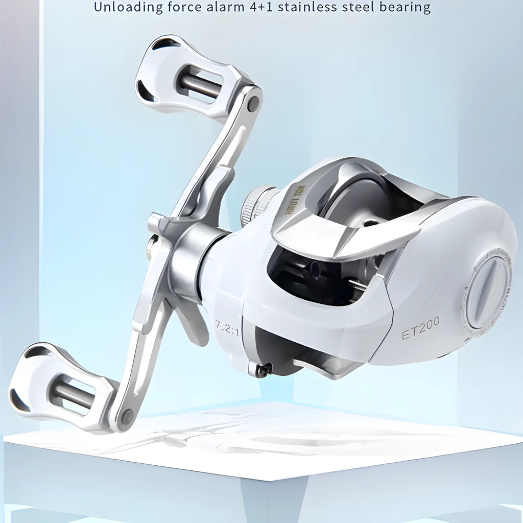Small white ET Drop Wheel bait casting fishing reel showing drip wheel design