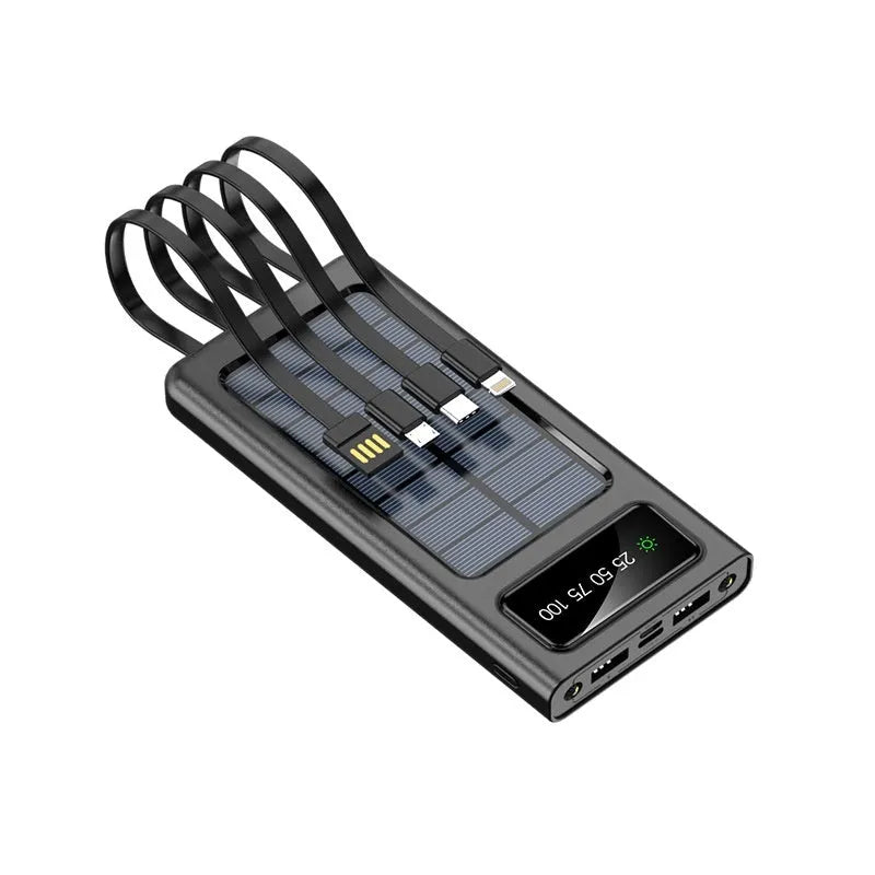 Black solar power bank 20000 MA with cable for mobile phones, plastic shell creative design
