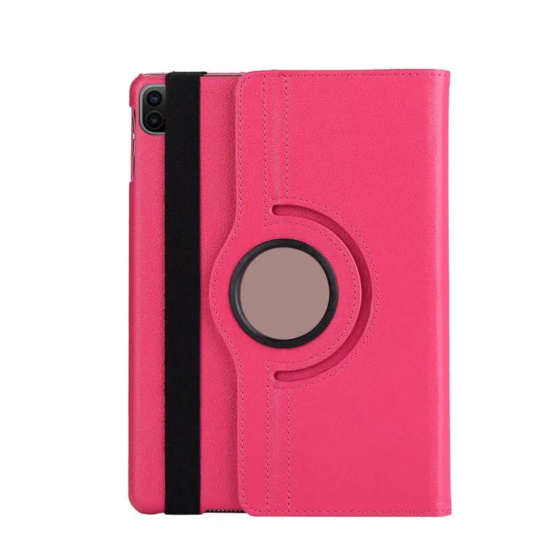 iPad rotating protective sleeve in imitation leather clamshell design showing rotation function and solid colour options