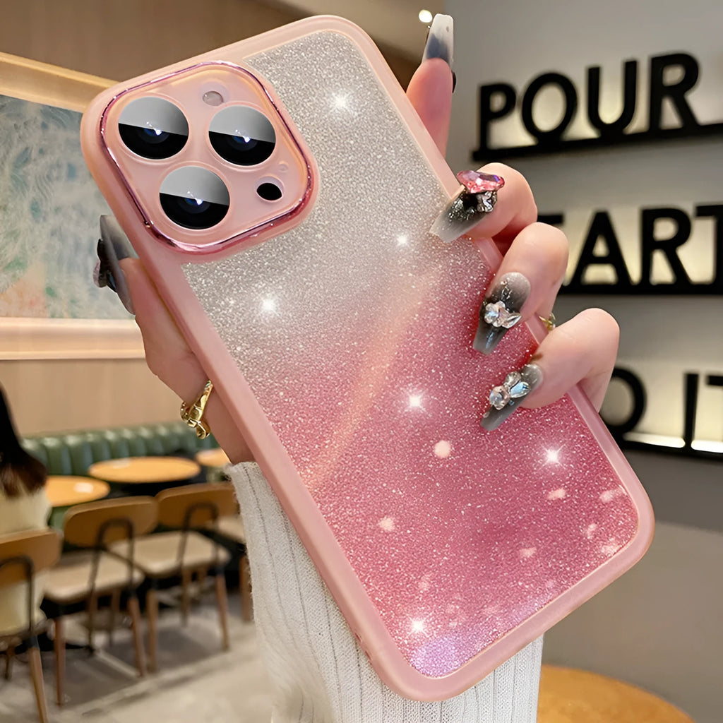 Transparent glitter iPhone case showing gradient pink and silver sparkle effect on TPU rubber